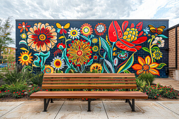 Poster - A colorful mural of flowers and butterflies is painted on a wall. A wooden bench is placed in front of the mural, providing a place for people to sit and admire the artwork