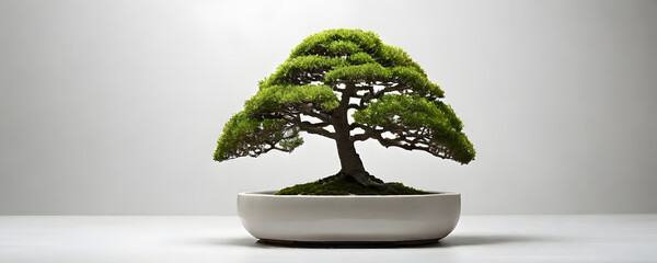 bonsai Tree in a special pot, isolated on a white background, banner, copy space, against a white wall
