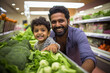 Indian father and son in a grocery store