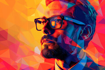 A man with glasses is looking at the camera. The image is a colorful abstract with a geometric pattern