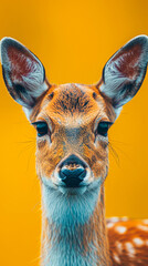 Wall Mural - A deer with a white face and brown ears is staring at the camera. The image has a warm and inviting mood, as the deer appears to be curious and friendly