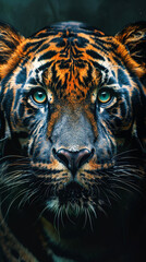 Wall Mural - A tiger with a blue eye stares at the camera. The tiger's face is the main focus of the image, and it is looking directly at the viewer. The blue eye adds a sense of mystery and intrigue to the scene