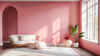 Wall Mural - A room with a pink wall and a white couch