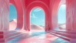 3d Render, Abstract Surreal pastel landscape background with arches and podium for showing product, panoramic view, Colorful dune scene with copy space, blue sky and cloudy, Minimalist decor design