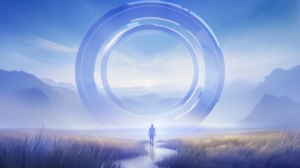 one person stands before a futuristic portal in a serene landscape at dawn