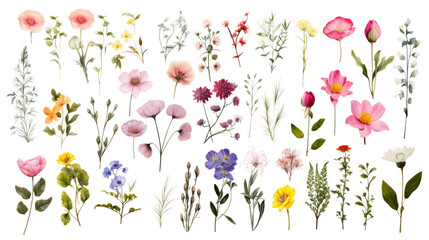 Wall Mural - set of watercolor wildflowers painting isolated on clear png background and transparent background. 