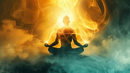 A person meditating with their aura glowing around them, surrounded by energy rings and an inner light emanating from the center of his body, representing spiritual awakening