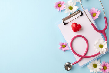 Caring for health: overhead view of a stethoscope, red heart, clipboard, and fresh flowers on a light blue background with space for messages