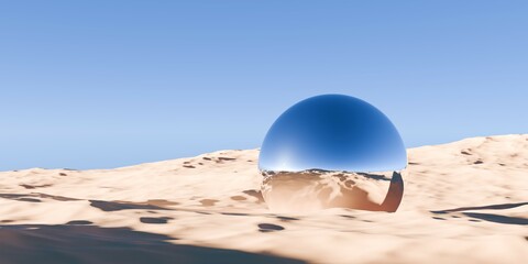 Wall Mural - Chrome retro sphere or ball object in surreal abstract desert landscape with blue sky background, geometric primitive fantasy concept