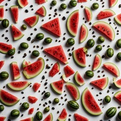 Wall Mural -  Generate an image of watermelon seeds scattered against the white background, showcasing their distinctive black and white pattern and adding a playful touch to the composition.