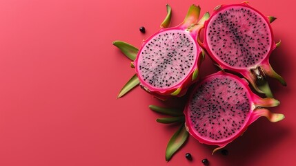 Wall Mural -  a couple of pieces of fruit sitting on top of a pink surface with a green leaf on top of it.