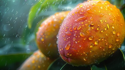  a close up of two oranges on a tree in the rain with drops of water on the oranges.