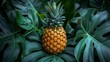  a pineapple sitting on top of a lush green leaf covered field of leaves in the middle of the day.