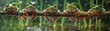 group whimsical frogs hanging upside down on a reed twigbranch above a pond in distress