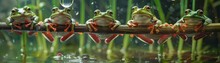 Group Whimsical Frogs Hanging Upside Down On A Reed Twigbranch Above A Pond In Distress