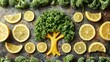  a bunch of lemons, broccoli, and lemon slices arranged in the shape of a tree on a table.