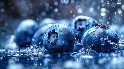 Canvas Print -  a group of blueberries sitting on top of a table covered in drops of water on top of a blue surface.