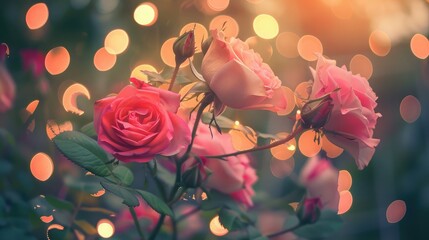 Sticker - Beautiful Pink Roses with lights.Vintage style photo and filtered process.