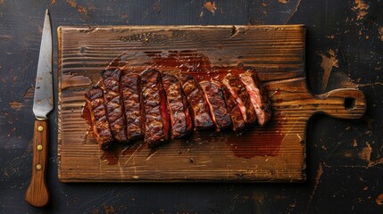Wall Mural - Fresh grilled meat. Grilled beef steak medium rare on wooden cutting board. Top view.
