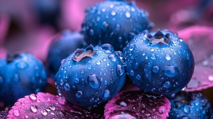 Canvas Print -  a bunch of blueberries with drops of water on them sitting on top of a purple tablecloth with a pink background.