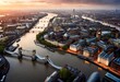 The river Thames winding through the heart of the city, reflecting the shimmering lights of towering buildings and ancient monuments lining its banks