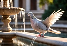 A Graceful Dove Perches On The Edge Of A Shimmering Fountain, Its Feathers Gleaming In The Soft Light, Captured In Exquisite Detail By The High-definition Camera.