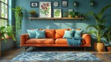 Fototapeta Do akwarium - This modern cartoon illustration depicts a bohemian lounge with an armchair, carpet and blue wall with a bright geometric pattern.