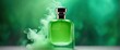 plain bright lime green background with beautiful glass for womens perfume bottle with smoke fog and copyspace banner template from Generative AI
