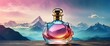 plain bright mountain background with beautiful glass for womens perfume bottle with smoke fog and copyspace banner template from Generative AI