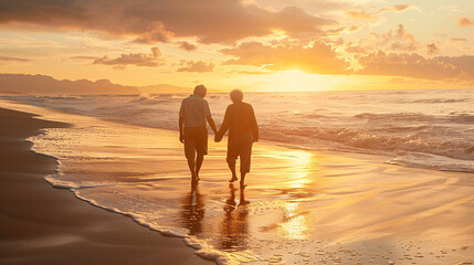 Elderly couple enjoying a serene walk hand in hand on the beach at sunset, capturing a moment of peace and lifelong love in golden hour. Rear view of an elderly couple walking together on the beach.