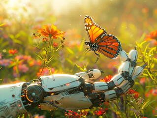 An image of the robot hand cradling a delicate butterfly set in a lush garden with vibrant flowers