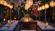 A long table covered in white paper lanterns. Perfect for event decoration