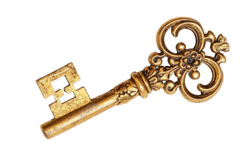 vintage key made of yellow metal, insulated. cut out. an old golden key.