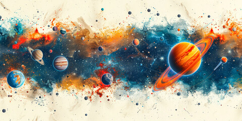 Wall Mural - water color solar system with white background