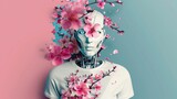 Fototapeta  - Robot z kwiatami na głowie i t-shirtem wiosennym. Na tle różowo niebieskim. Moda.