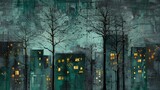 Fototapeta Miasto - Miasto nocą z konturami budynków w tle oraz strasznymi drzewami w pierwszym planie. Niebo jest ciemnoszare, a miasto oświetlone jest odblaskami świateł.