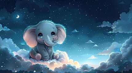 Cartoon cute baby elephant sitting on top of a fluffy white cloud at night with copy space