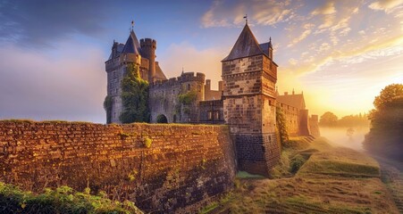 Wall Mural - an ancient medieval castle standing tall against the soft, golden light of early morning