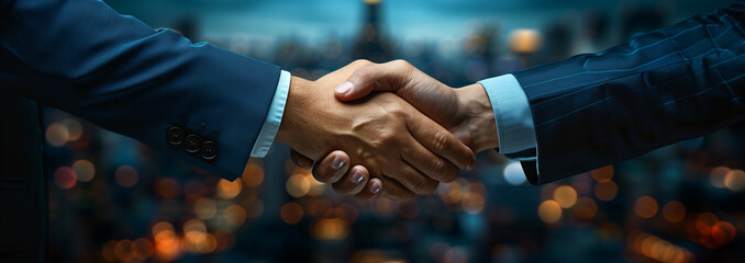 Wall Mural - Business handshake after a good deal with the city downtown in the background.