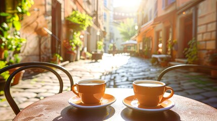 Wall Mural - Cup of coffee on cafe table and city town street wallpaper background