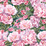 Fototapeta Tulipany - pink roses pattern background with branches watercolor pink roses