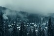 Hyper realistic mountain landscape  ethereal british panorama with fog and trees
