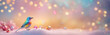 Crystal colourful cute bird with crystal & blurred bokeh valentine christmas background. banner pastel color with copy space