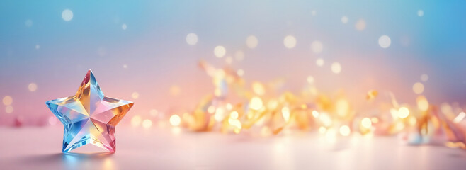 Crystal clear colourful star with blurred bokeh valentine background. banner pastel color with copy space