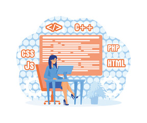 Wall Mural - Programming and engineering development. Girl programmer or developer create code programming language. flat vector modern illustration