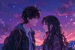 A beautiful anime couple, they look at each other lovingly, with a purple sky full of stars in the background.