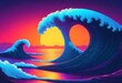 A stylized ocean wave curling with a gradient of blue to purple colors against a sunset background