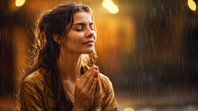 Prayer and thanksgiving to higher powers. A woman in the rain holds her hands to God

