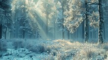 Morning Sunrays Filter Through An Enchanted Winter Forest, Casting A Mystical Glow Over Frost-kissed Pines And Sparkling Underbrush.