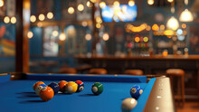 Entertainment And Recreation In The Club. Pool Balls On A Pool Table. A Game Of Billiards
